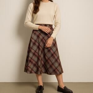 Vintage 70s Plaid Midi Shirt Size 14 26" Brown Red Wool Academia John Meyer